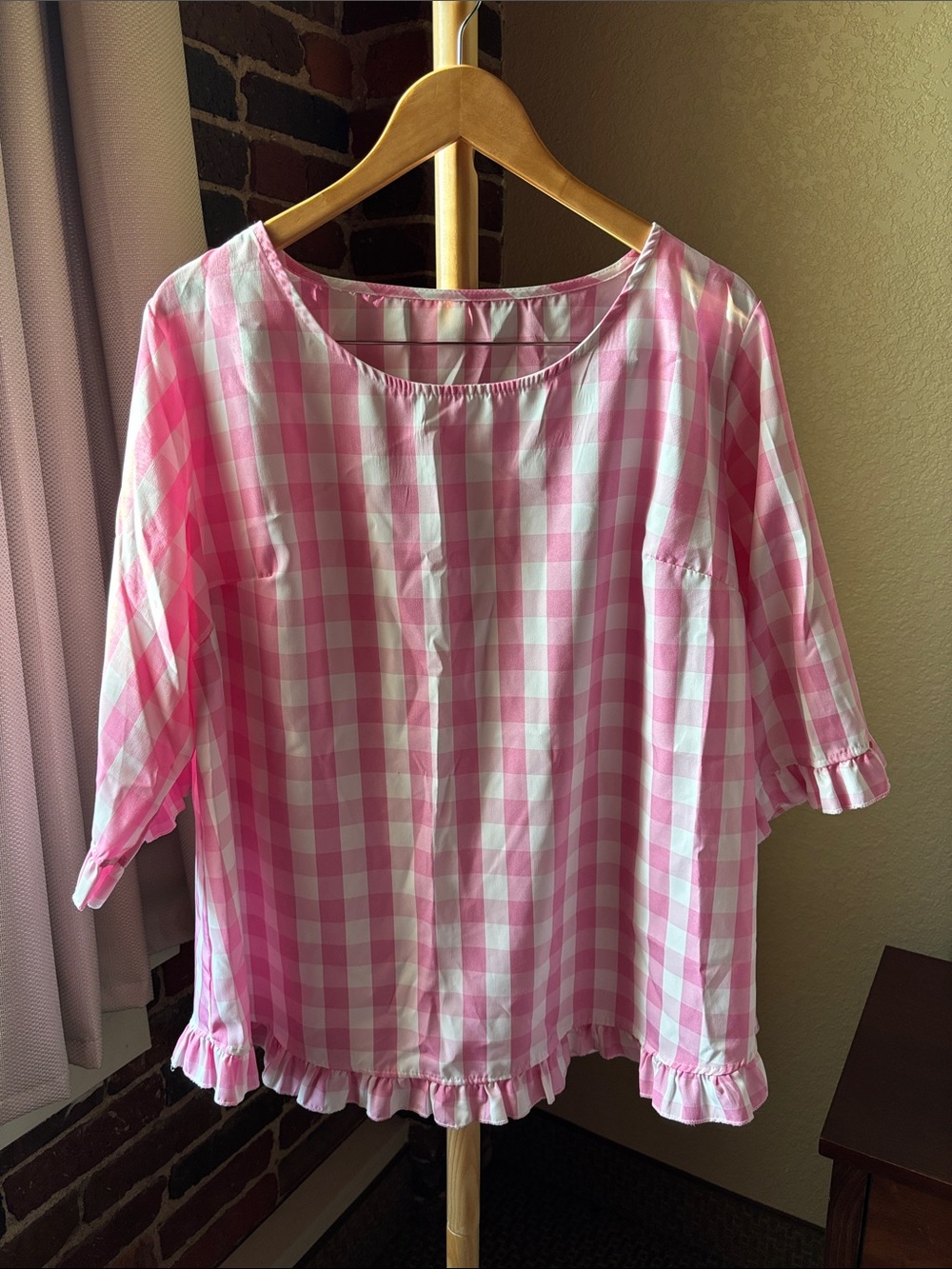 Pink Gingham Ruffle-Hem Women's Blouse Size 1X